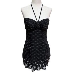 90s Y2K Guess Black White Polka Dot Halter Top Daisy Embroidered Trim Sz‎ S